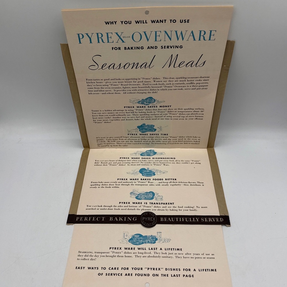 Pyrex Ovenware Menu Calendar 1934-1935 Vintage Ephemera with Original Envelope